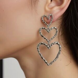 Triple Layered Heart Dangle Earrings Hammered Brutalist Look Modern New